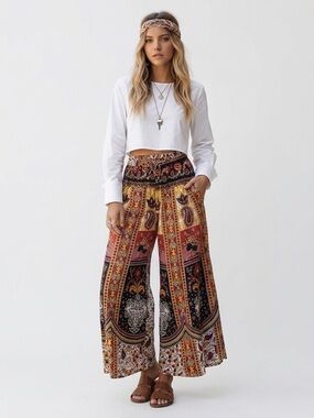 Boho Mixed Print Wide-Leg Crop Culotte Pant Size Small Festival